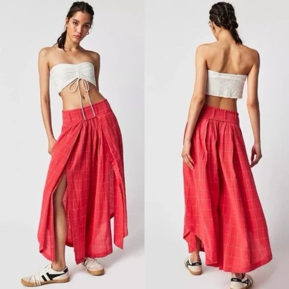 Free People Lunar Cove Wide-Leg Pants Red Combo Sz Medium Boho Plaid Size Small - Picture 2 of 7